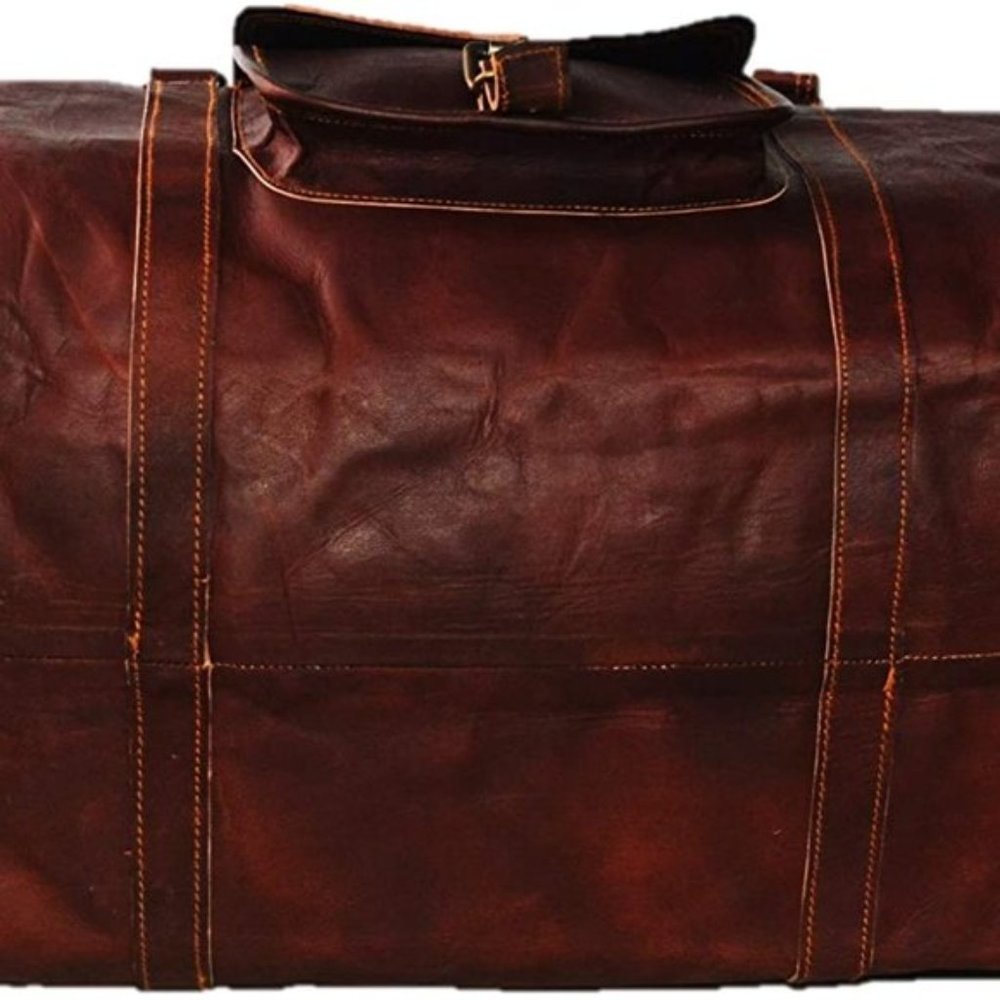 NEW Men's Vintage Brown Leather Goat Duffle Bag - Picture 7 of 8